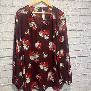 Maurices 3x Maroon and White Floral Blouse